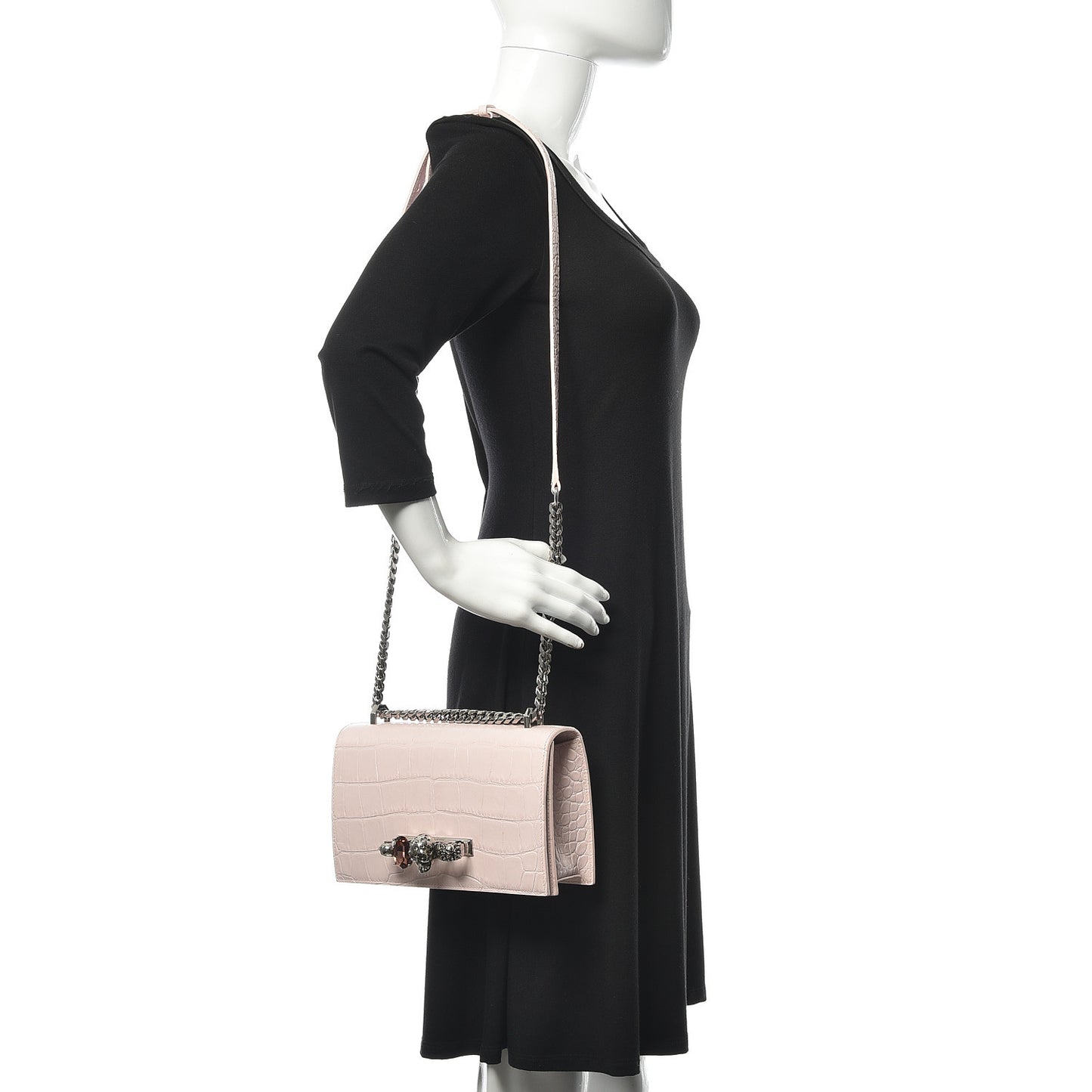 Calfskin Crocodile Embossed Knuckle Shoulder Bag Light Pink