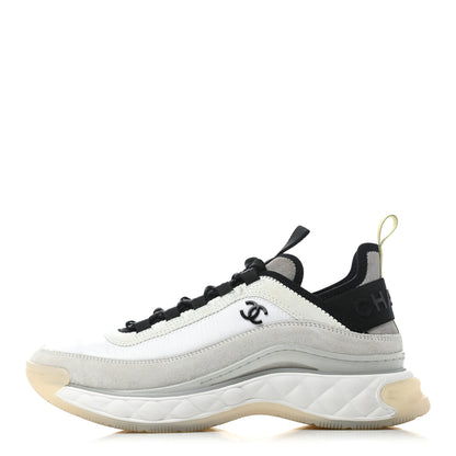 Chanel Nylon Calfskin Suede CC Sneakers 38 White Grey Yellow 1 of 5