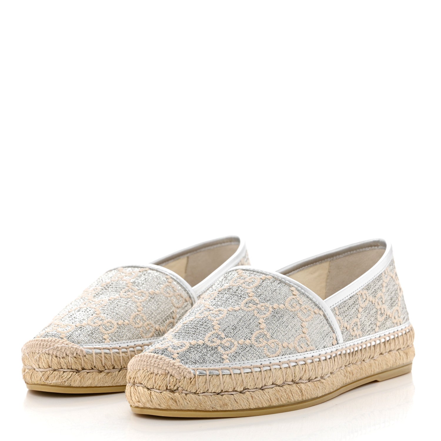 Gucci Lame Nappa GG Monogram Espadrilles 37 Silver Beige 3 of 9