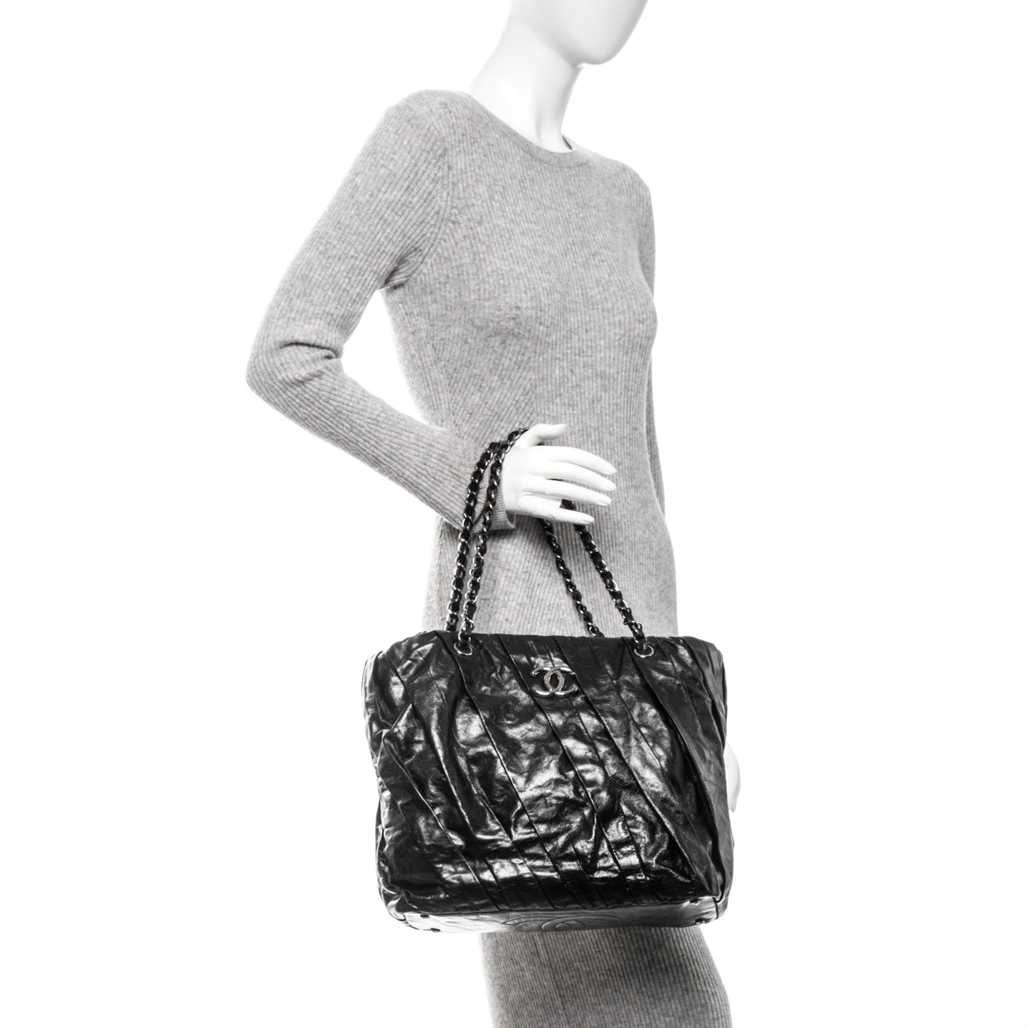 Glazed Calfskin Large Twisted Tote Black