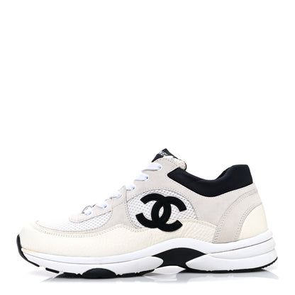 Chanel Mesh Suede Calfskin Grained Calfskin Womens CC Sneakers 40 White Black 1 of 11