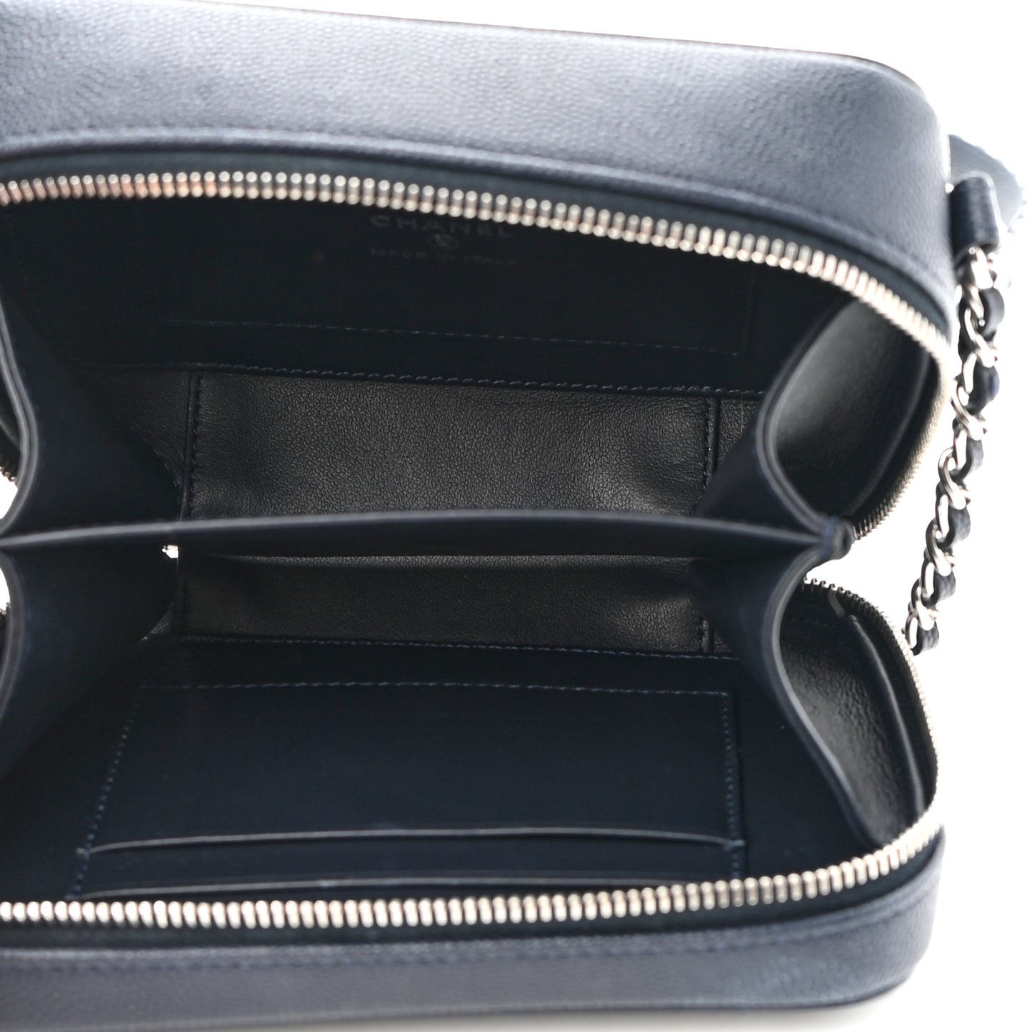 Caviar Quilted Striped Filigree Vanity Clutch With Chain Navy White