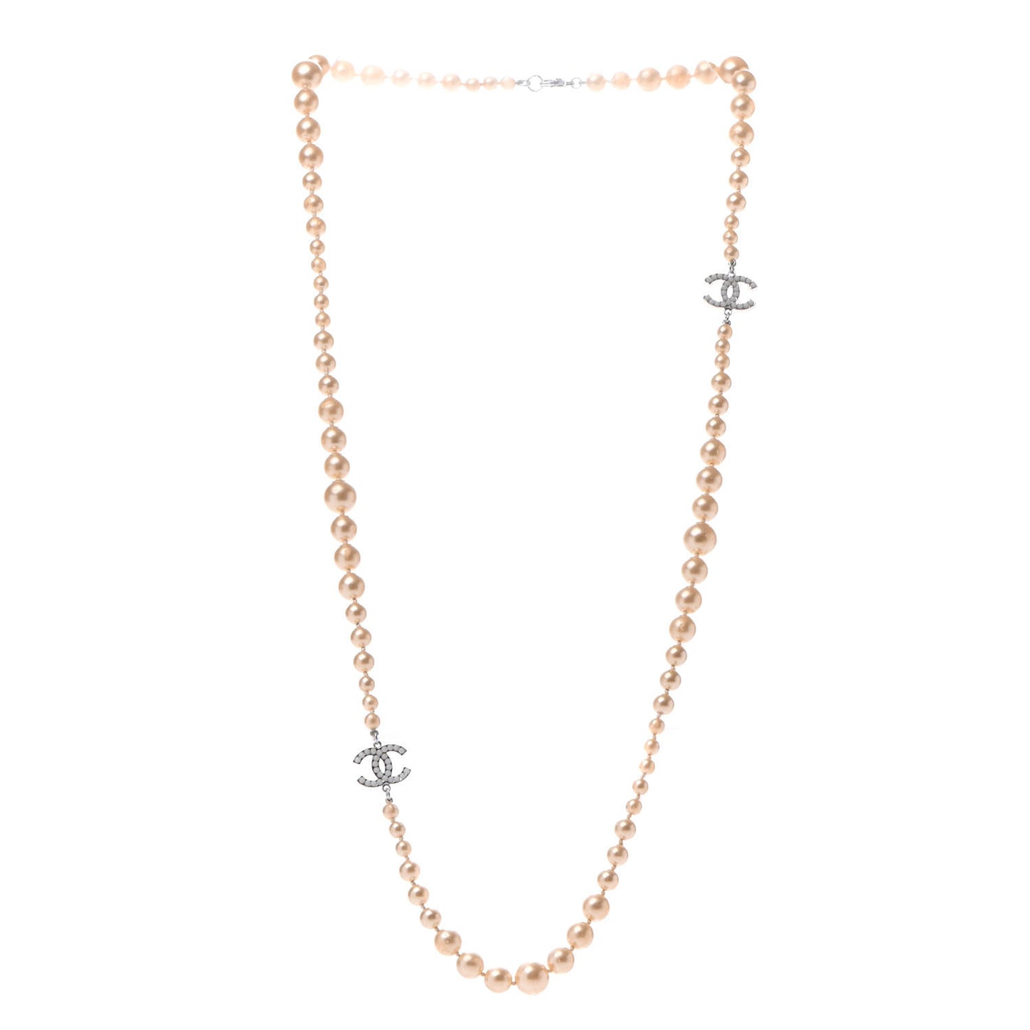 Graduated Pearl CC Long Necklace Silver