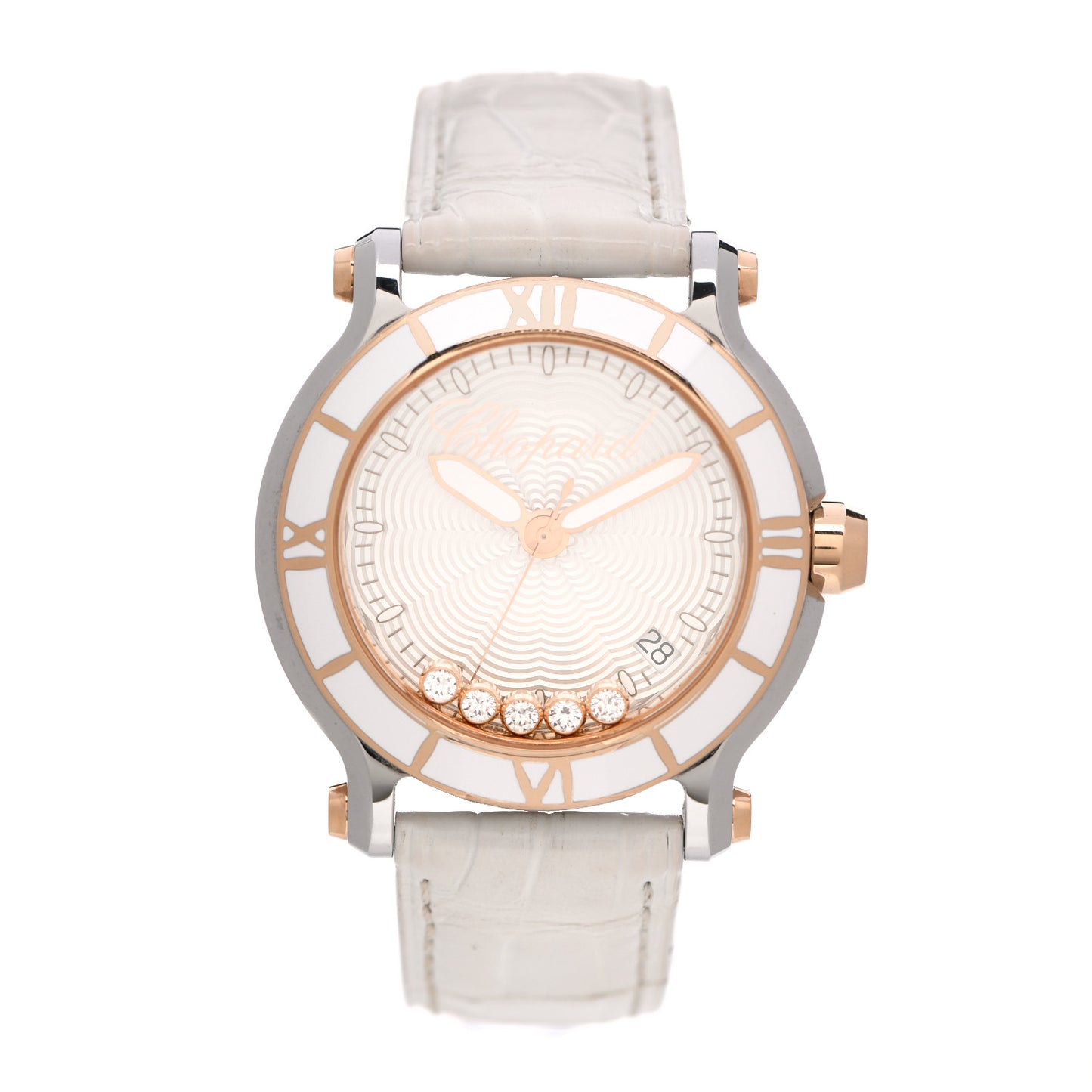 Stainless Steel 18K Rose Gold Alligator 5 Diamond 35mm Happy Sport Guilloche Quartz Watch White