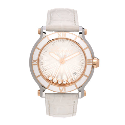 Chopard Stainless Steel 18K Rose Gold Alligator 5 Diamond 35mm Happy Sport Guilloche Quartz Watch White 1 of 5