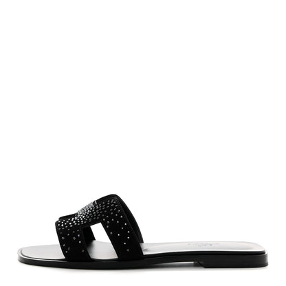Hermes Suede Goatskin Studded Oran Sandals 37.5 Black 1 of 9