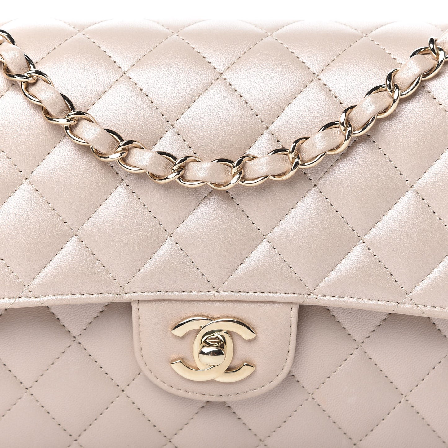 Iridescent Lambskin Quilted Medium Double Flap Beige