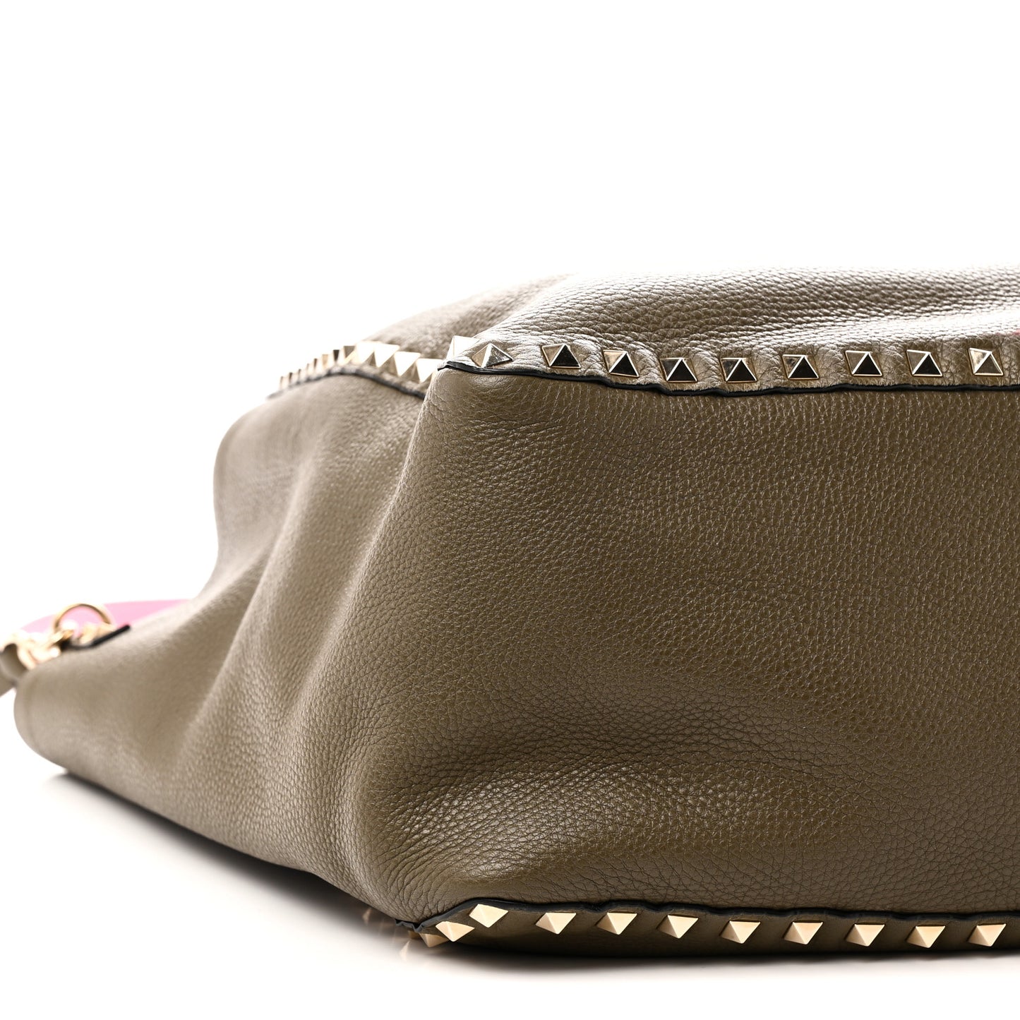 Grained Calfskin Medium Rockstud Reversible Tote Army Green Pink