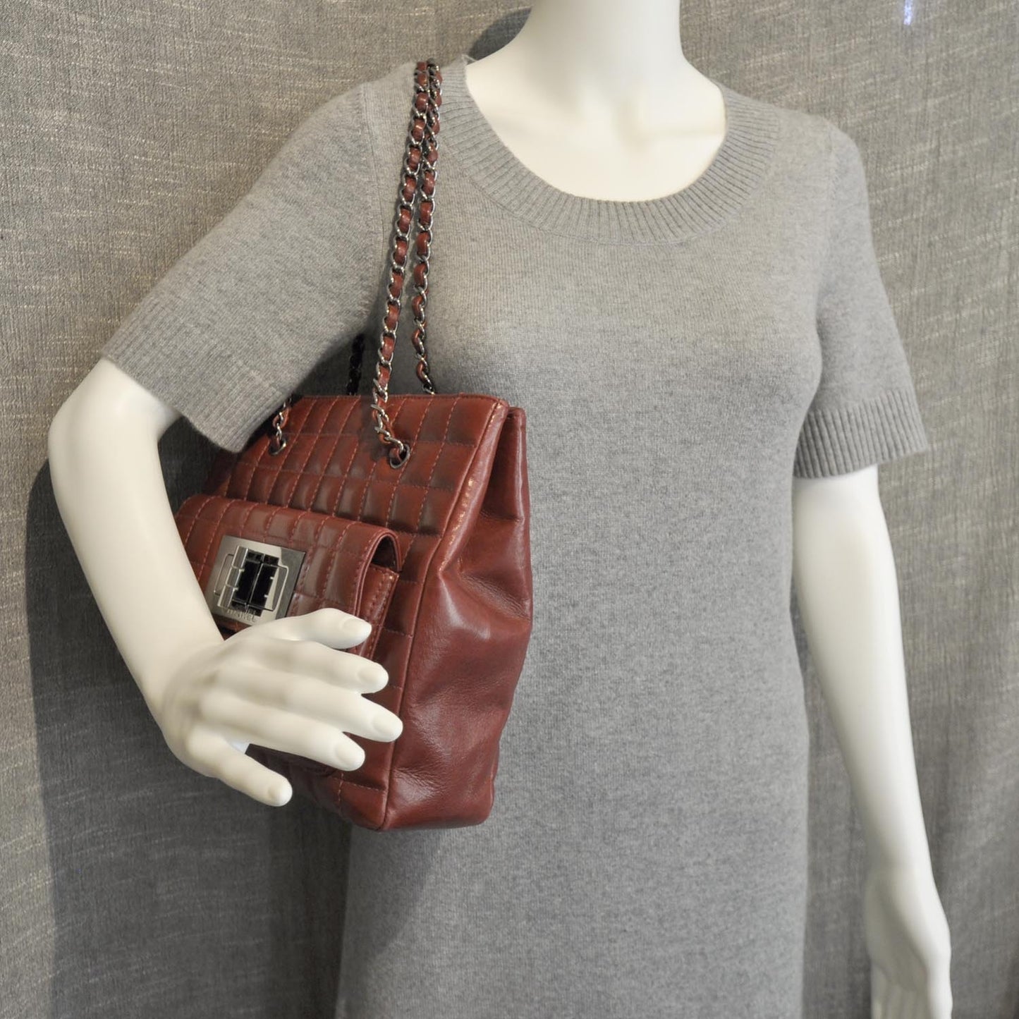 Leather Chocolate Bar Quilted Mademoiselle Lock Shoulder Bag