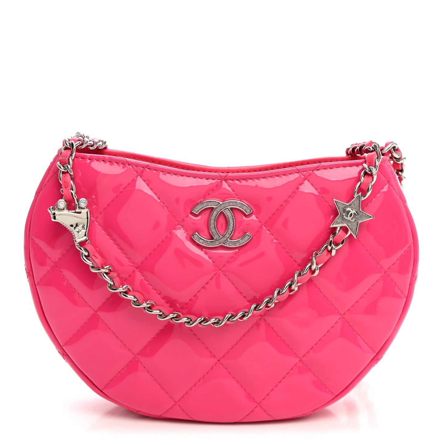Patent Calfskin Quilted Enamel CC Charms Hobo Pink
