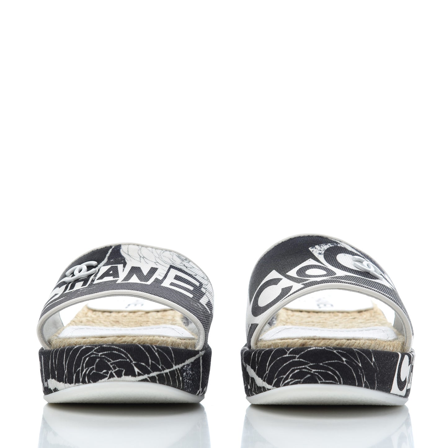 Fabric Grosgrain Printed CC Espadrille Slip On Sandals 36 White Black