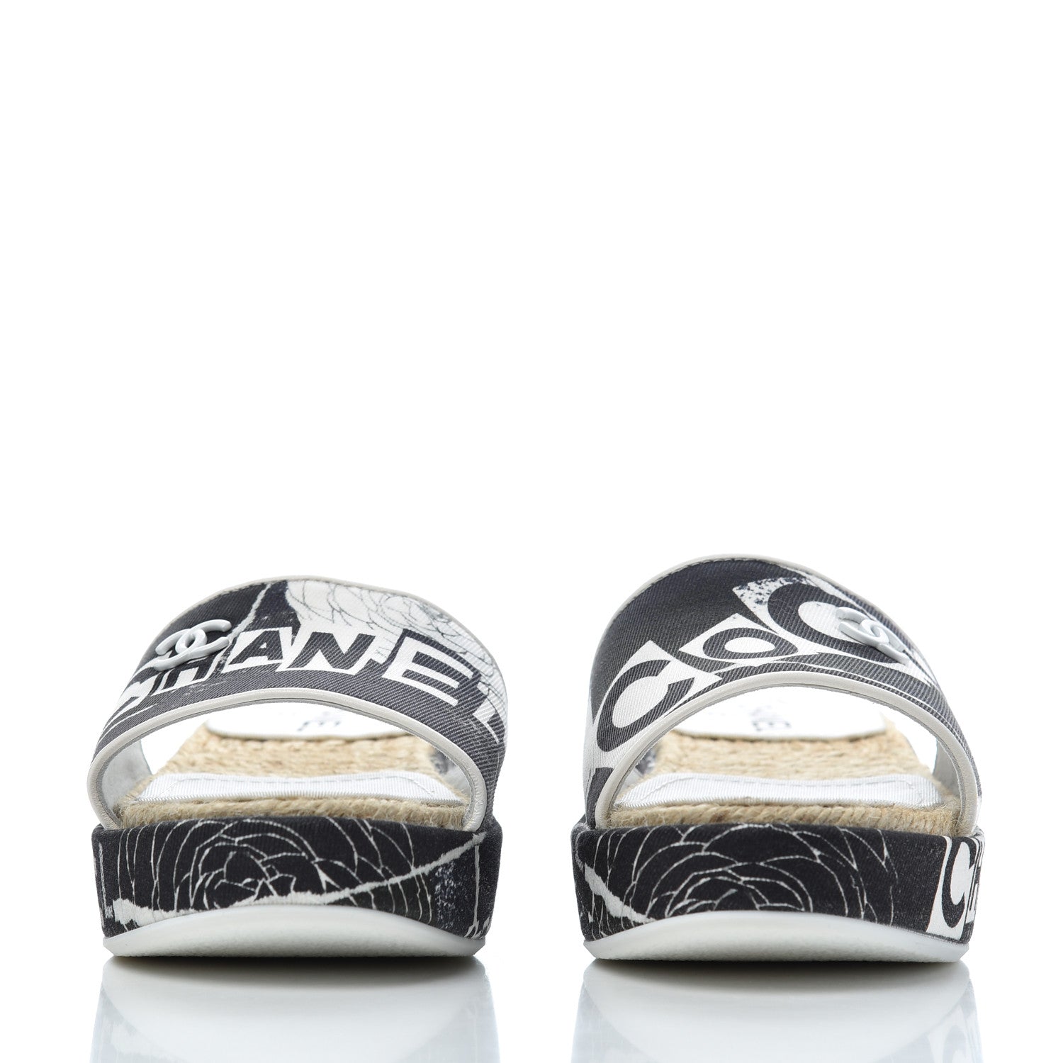 Chanel Fabric Grosgrain Printed CC Espadrille Slip On Sandals 36 White Black 2 of 14