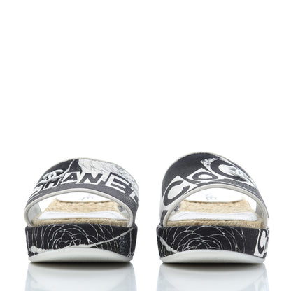 Chanel Fabric Grosgrain Printed CC Espadrille Slip On Sandals 36 White Black 2 of 14