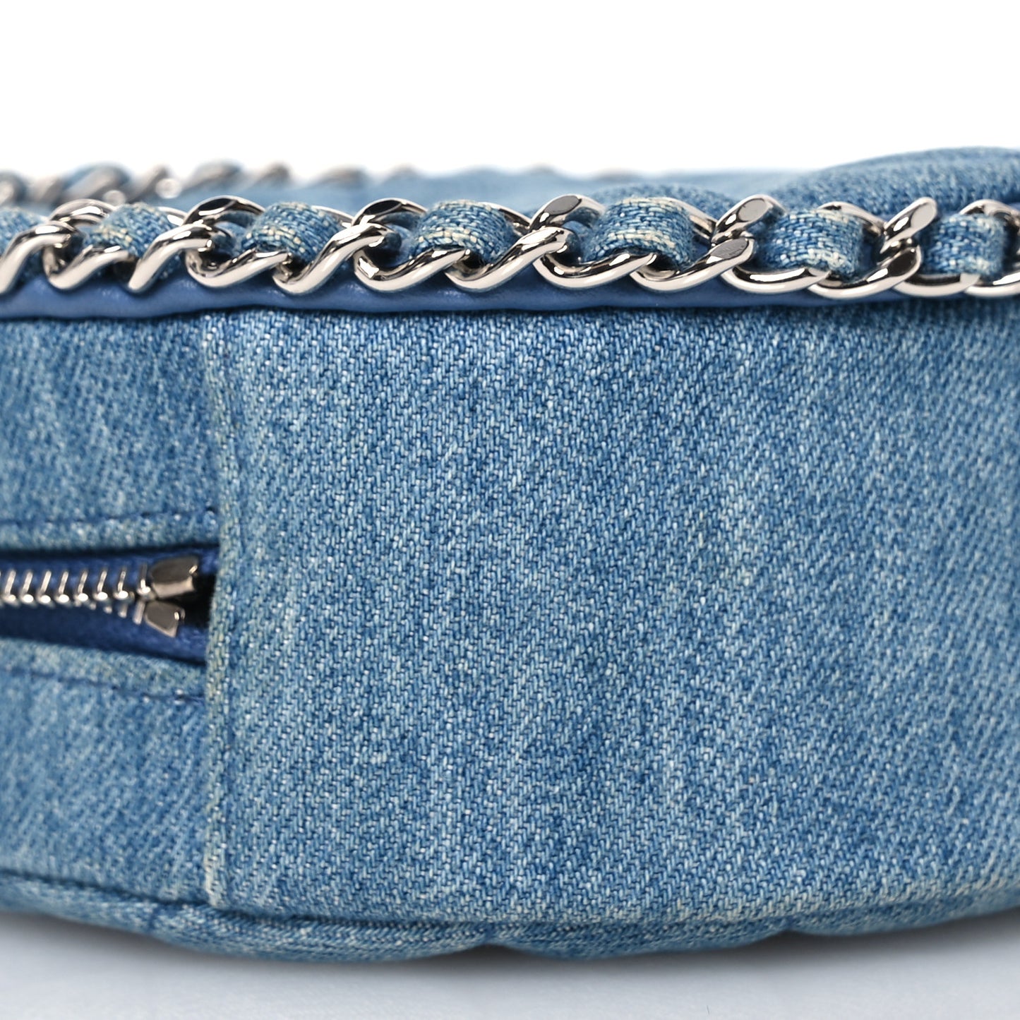 Denim Quilted Round Clutch With Chain Blue