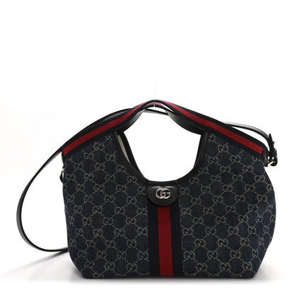 Gucci Denim GG Monogram Web Small Giglio Tote Blue White 1 of 10