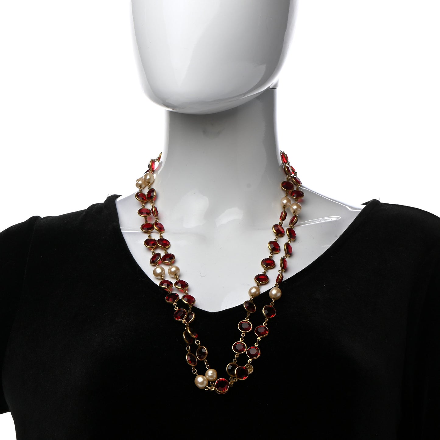 Crystal Pearl Sautoir 1981 Long Necklace Red