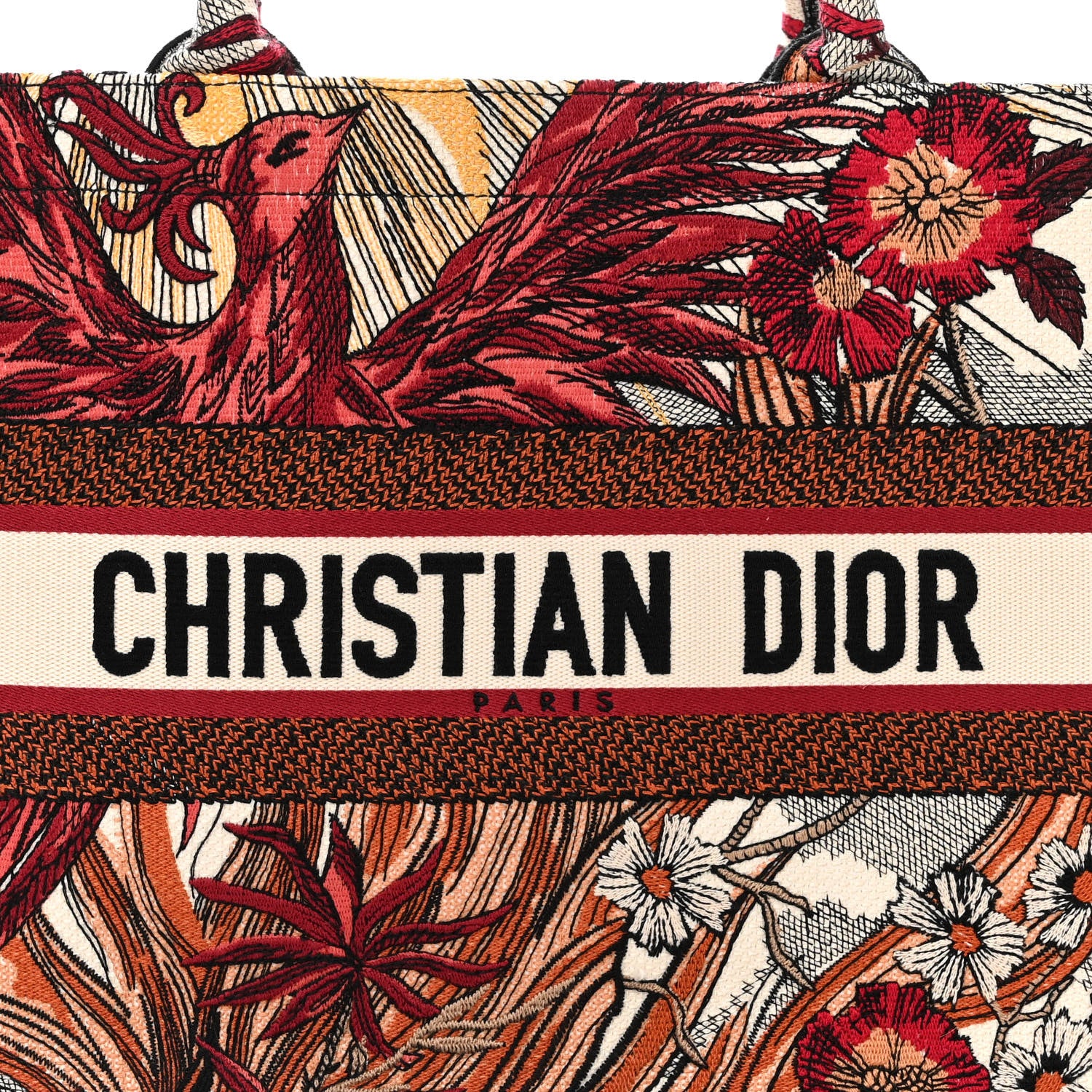 Christian Dior Canvas Embroidered Phoenix Medium Book Tote Red Multicolor 8 of 14