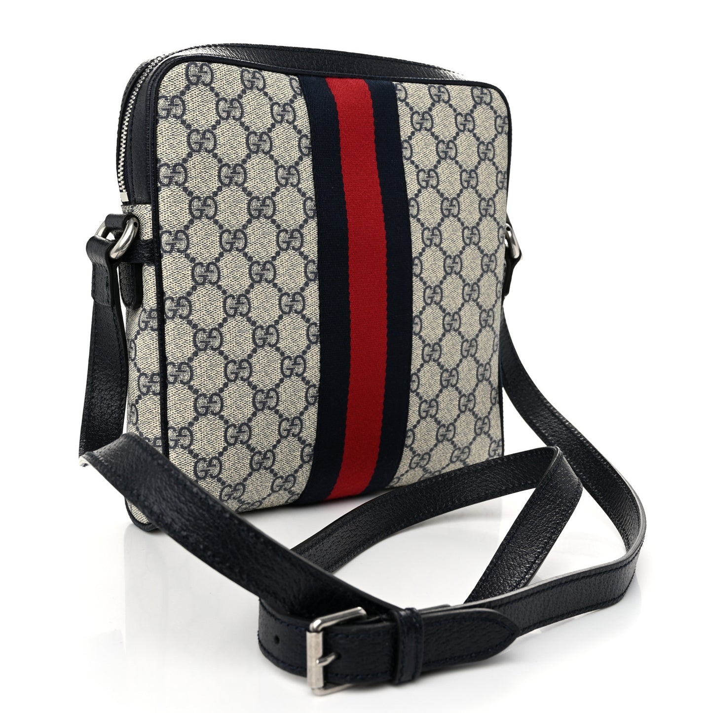 GG Supreme Monogram Textured Dollar Calfskin Web Small Ophidia Messenger Bag Beige Blue