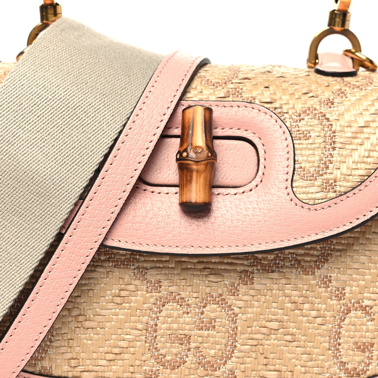 Raffia Textured Dollar Calfskin GG Monogram Small Bamboo 1947 Top Handle Bag Wild Rose Natural