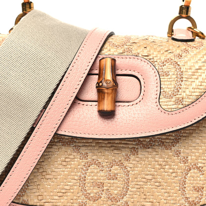 Gucci Raffia Textured Dollar Calfskin GG Monogram Small Bamboo 1947 Top Handle Bag Wild Rose Natural 8 of 10