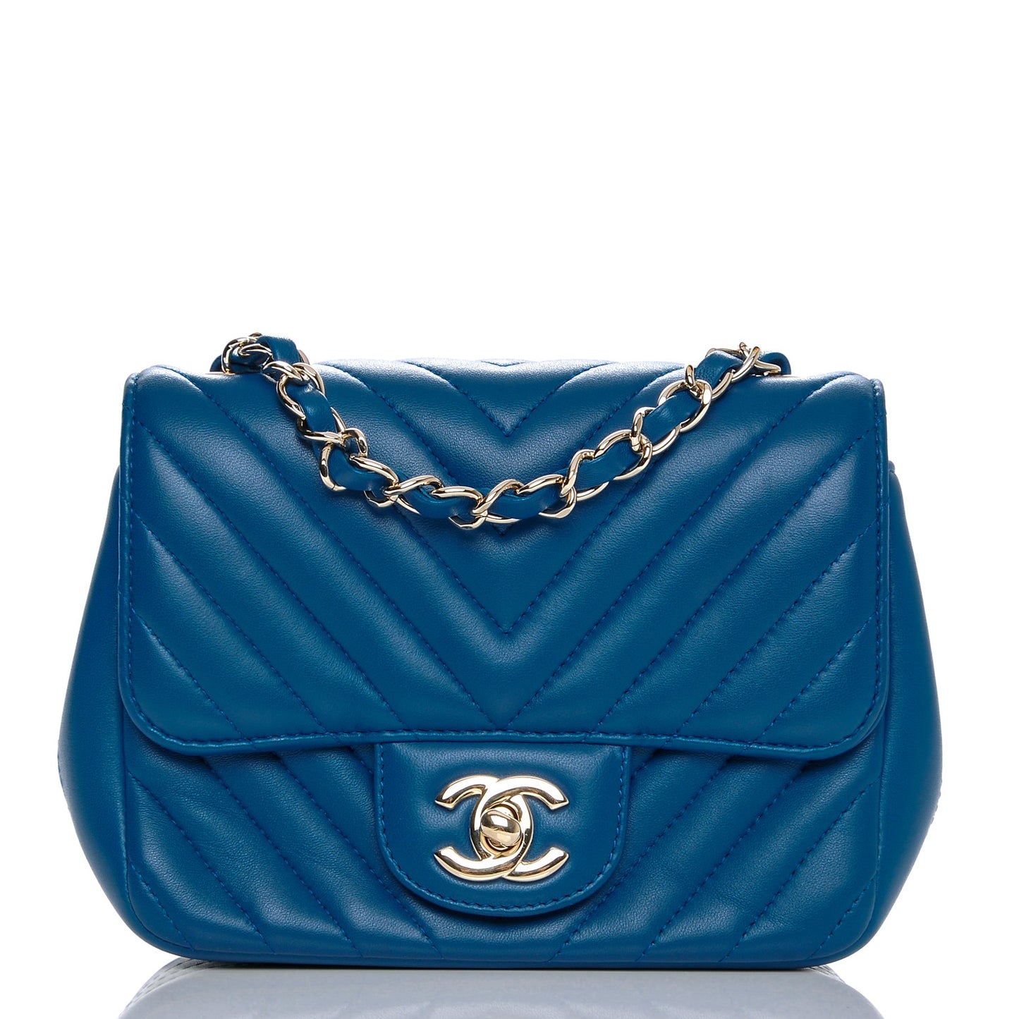 Lambskin Chevron Quilted Mini Square Flap Blue
