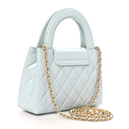 Chanel Shiny Aged Calfskin Quilted Nano Kelly Shopper Light Blue 3 of 12