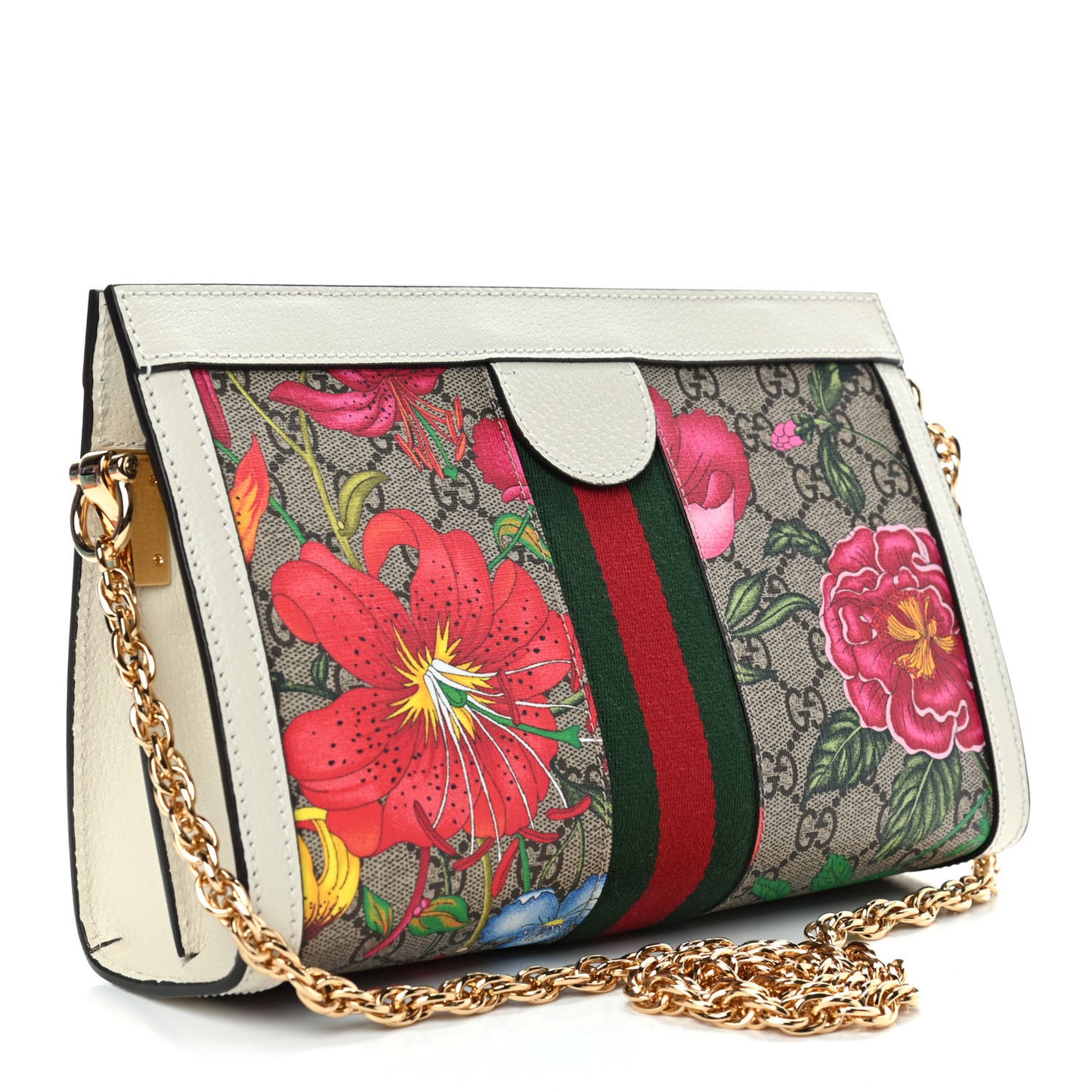 GG Supreme Monogram Flora Web Small Ophidia Chain Shoulder Bag White