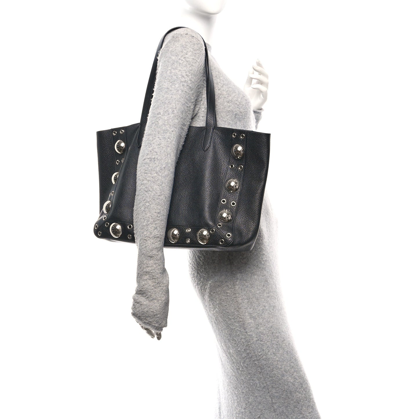 Grainy Calfskin Studded Medium Nellcote Shopping Tote Black