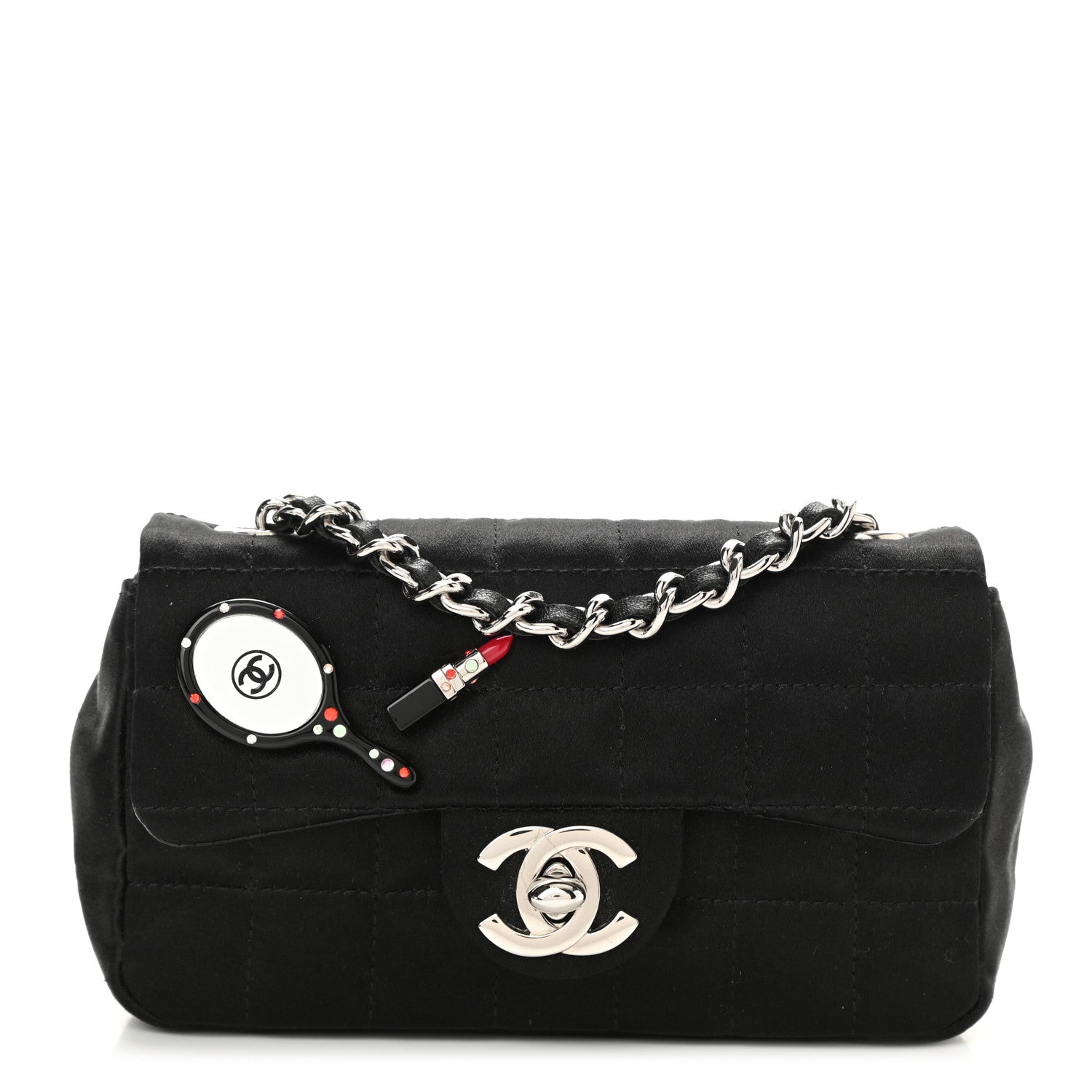 Chanel Satin Square Quilted Lipstick Charm Mini Flap Black 1 of 11