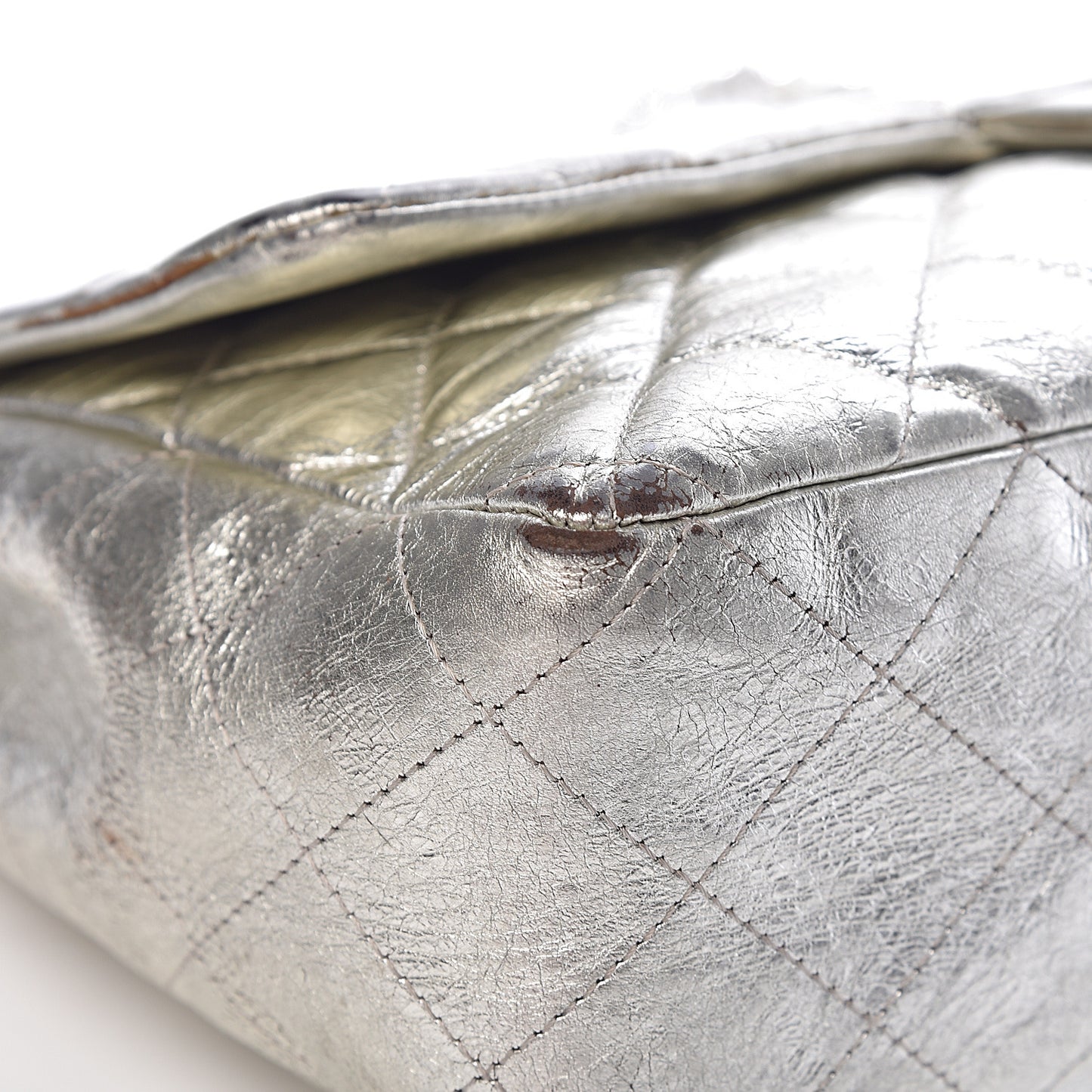Metallic Aged Calfskin Quilted Jumbo Single Flap Silver