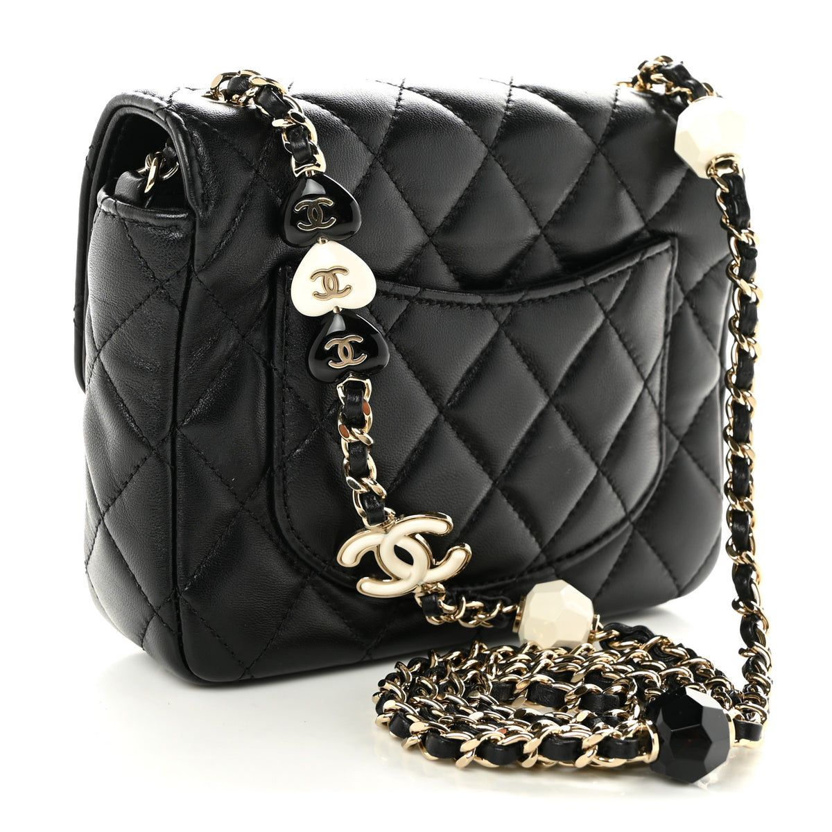 Lambskin Resin Quilted Mini Heart Square Flap Black