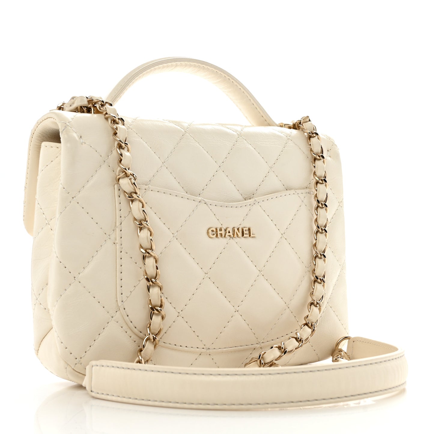 Shiny Crumpled Calfskin Quilted Top Handle Flap White