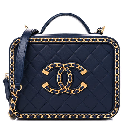 Chanel Goatskin Quilted Medium CC Filigree Vanity Case Navy 1 of 9