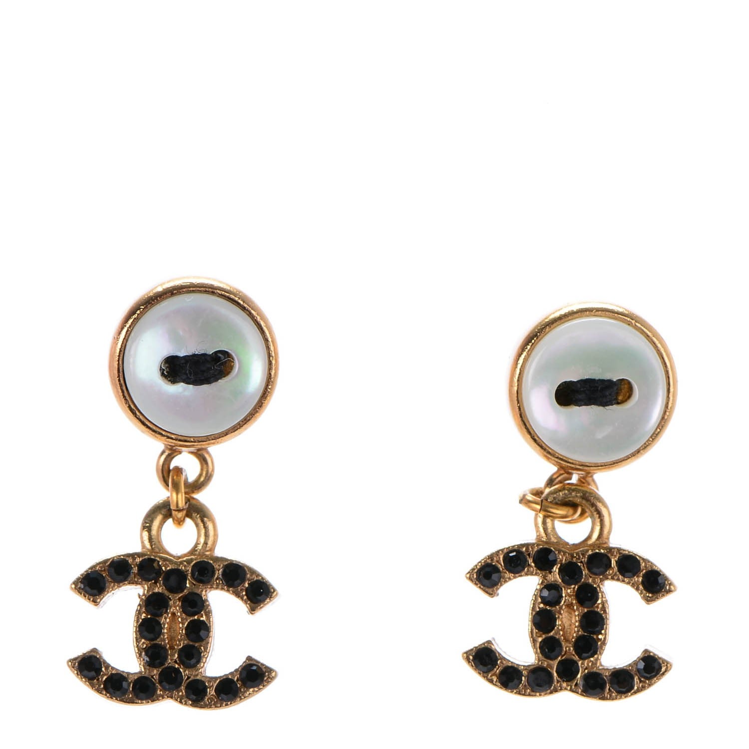 Chanel Crystal Button CC Dangle Earrings Black Gold 1 of 5