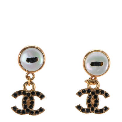 Chanel Crystal Button CC Dangle Earrings Black Gold 1 of 5