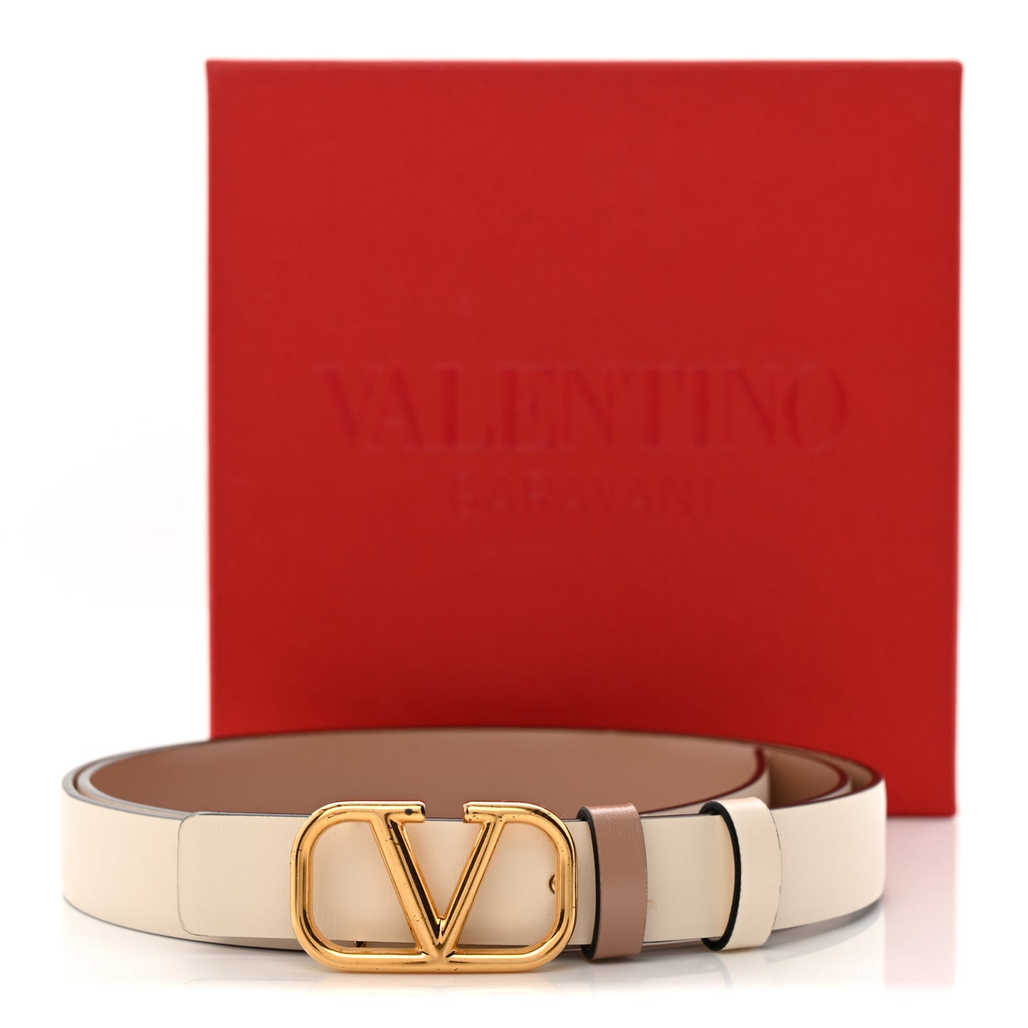 Glossy Calfskin VLogo Reversible 20mm Belt 85 34 Light Ivory Rose Cannelle