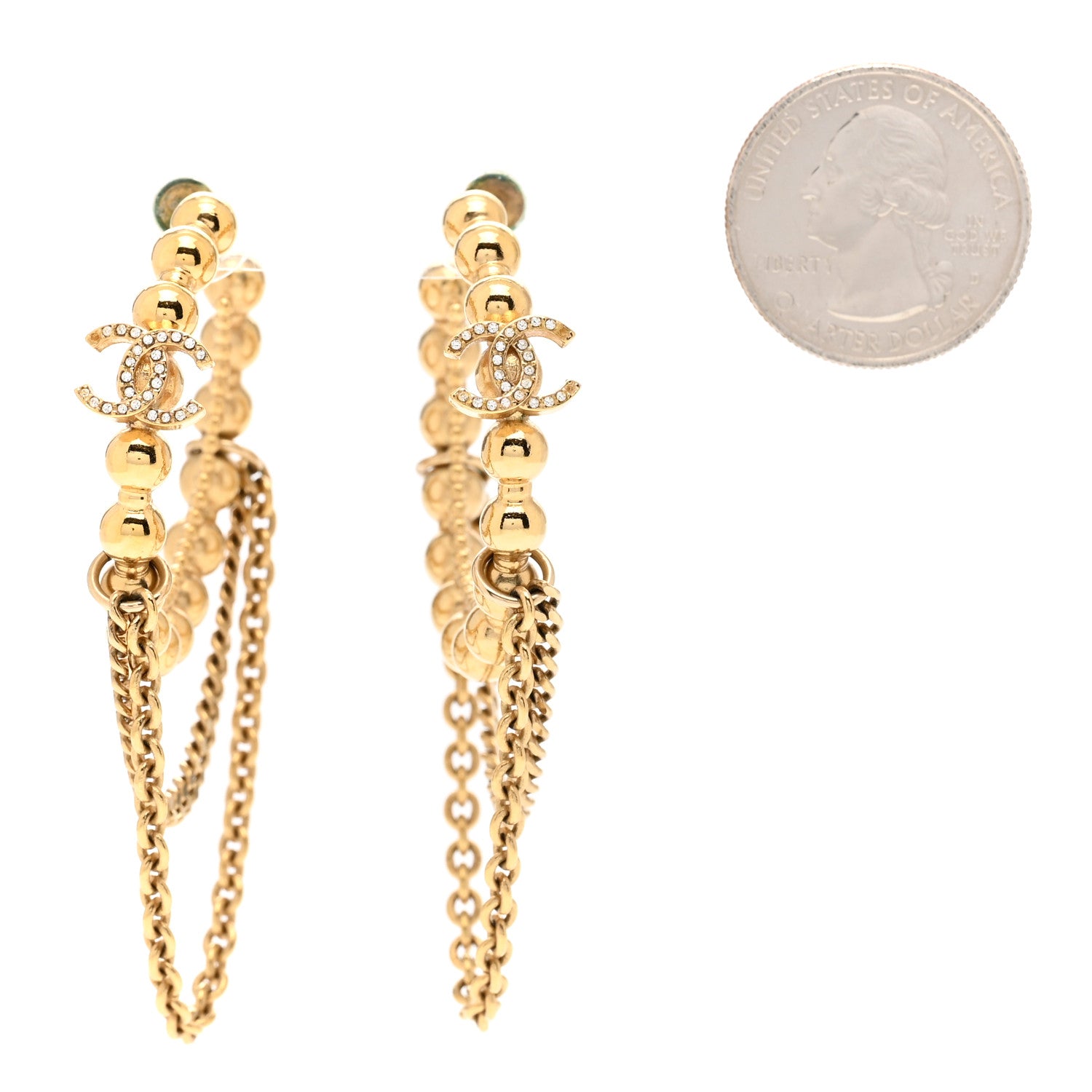 Chanel Metal Crystal Bead Chain CC Hoop Earrings Gold 2 of 5