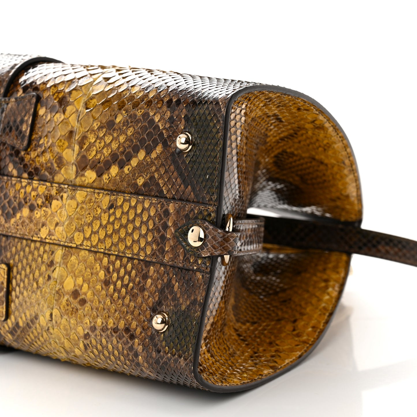 Snakeskin Medium Stirrup Top Handle Bag Yellow Brown
