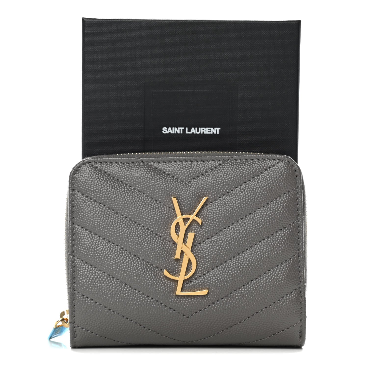 Saint Laurent Grain De Poudre Matelasse Chevron Monogram Compact Zip Around Wallet Fog 12 of 12
