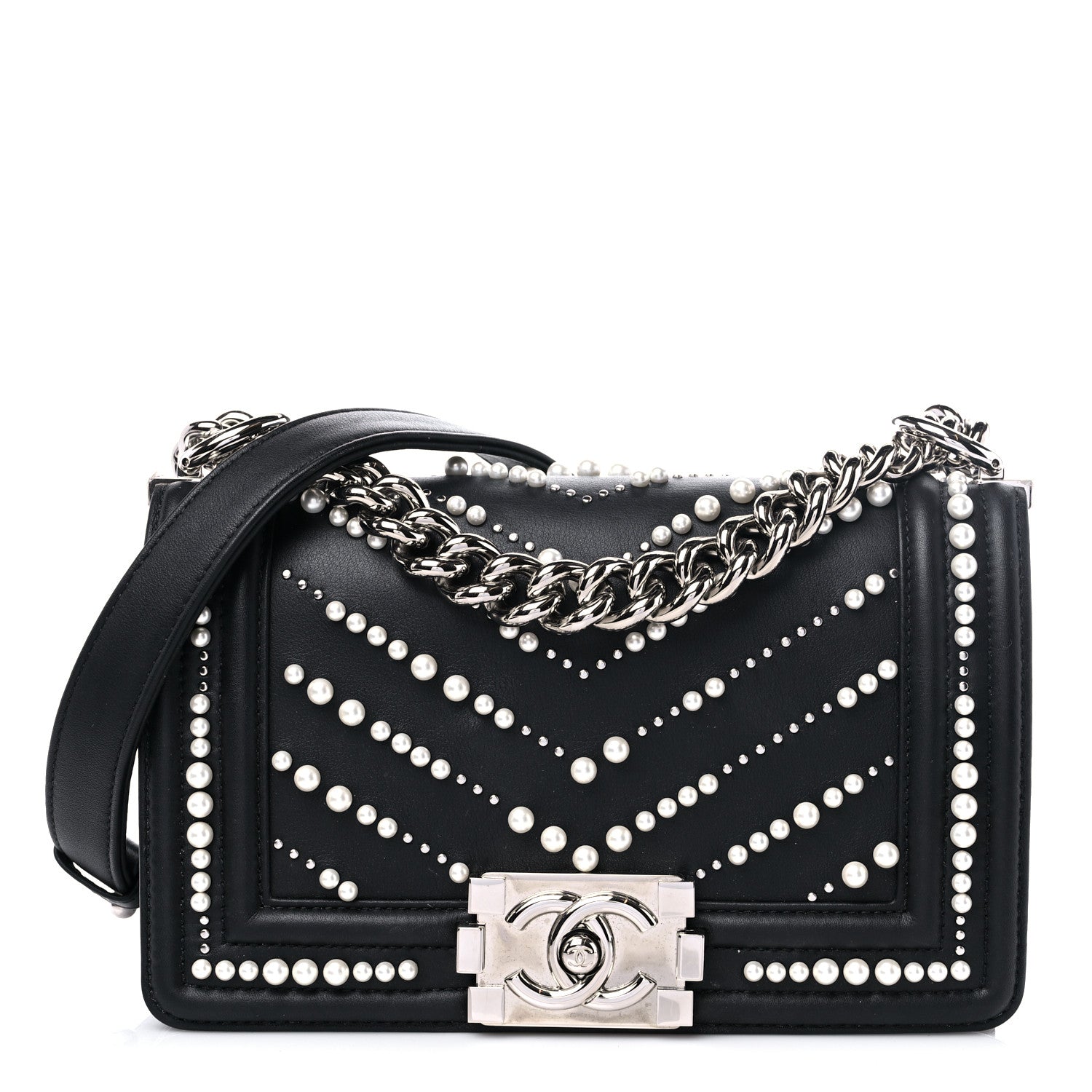 Chanel Calfskin Pearl Chevron Small Boy Flap Black 1 of 13
