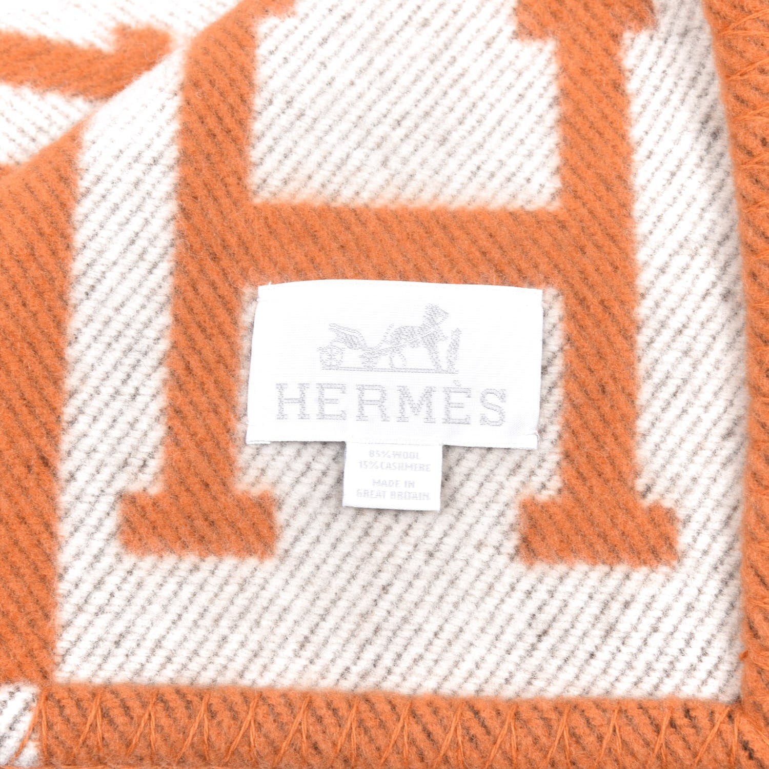 Hermes Wool Cashmere Signature Classic Avalon Blanket Ecru Potiron 3 of 3