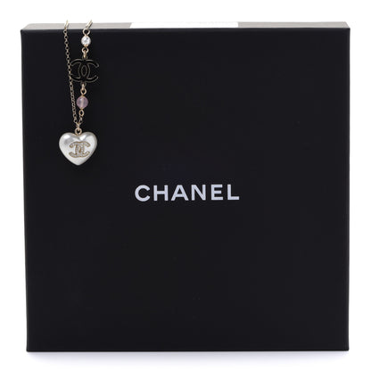 Chanel Resin Crystal CC Heart Necklace Pearly White Gold 6 of 6