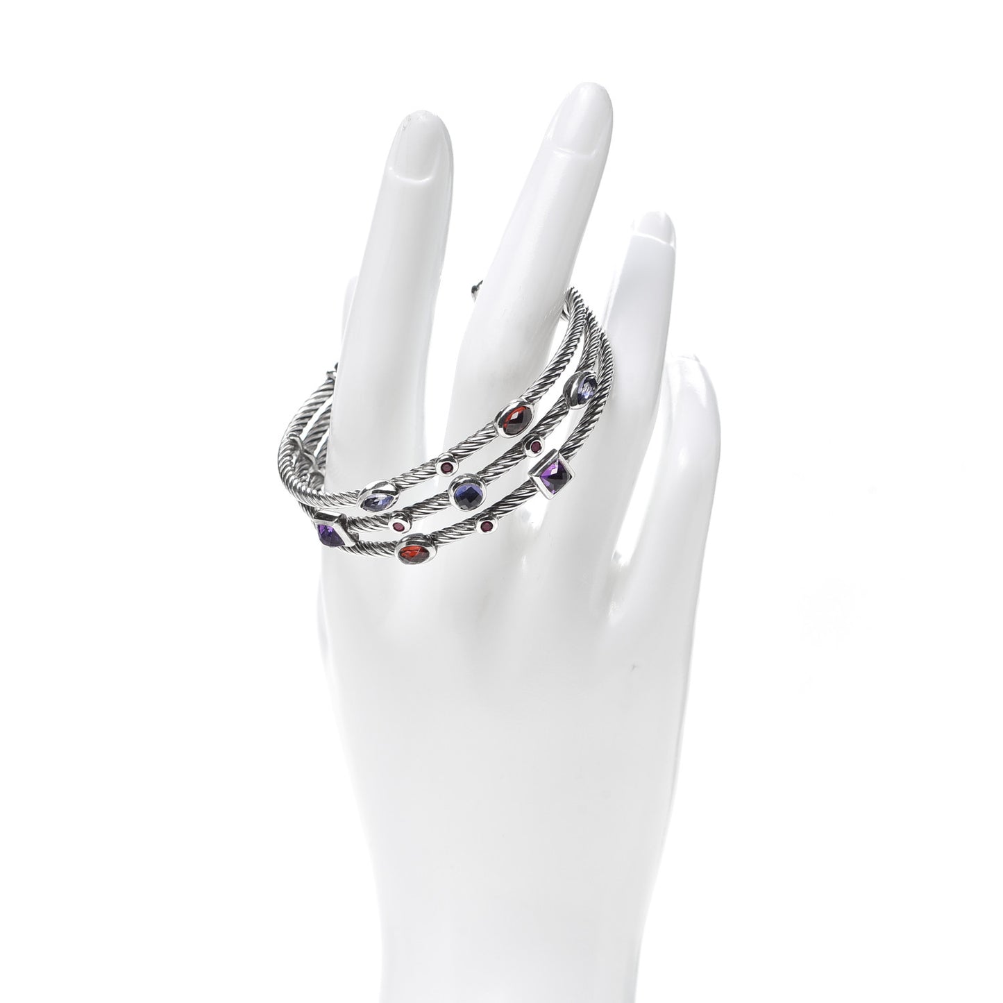 Sterling Silver Iolite Garnet Amethyst Ruby Three Row Confetti Cuff Bracelet