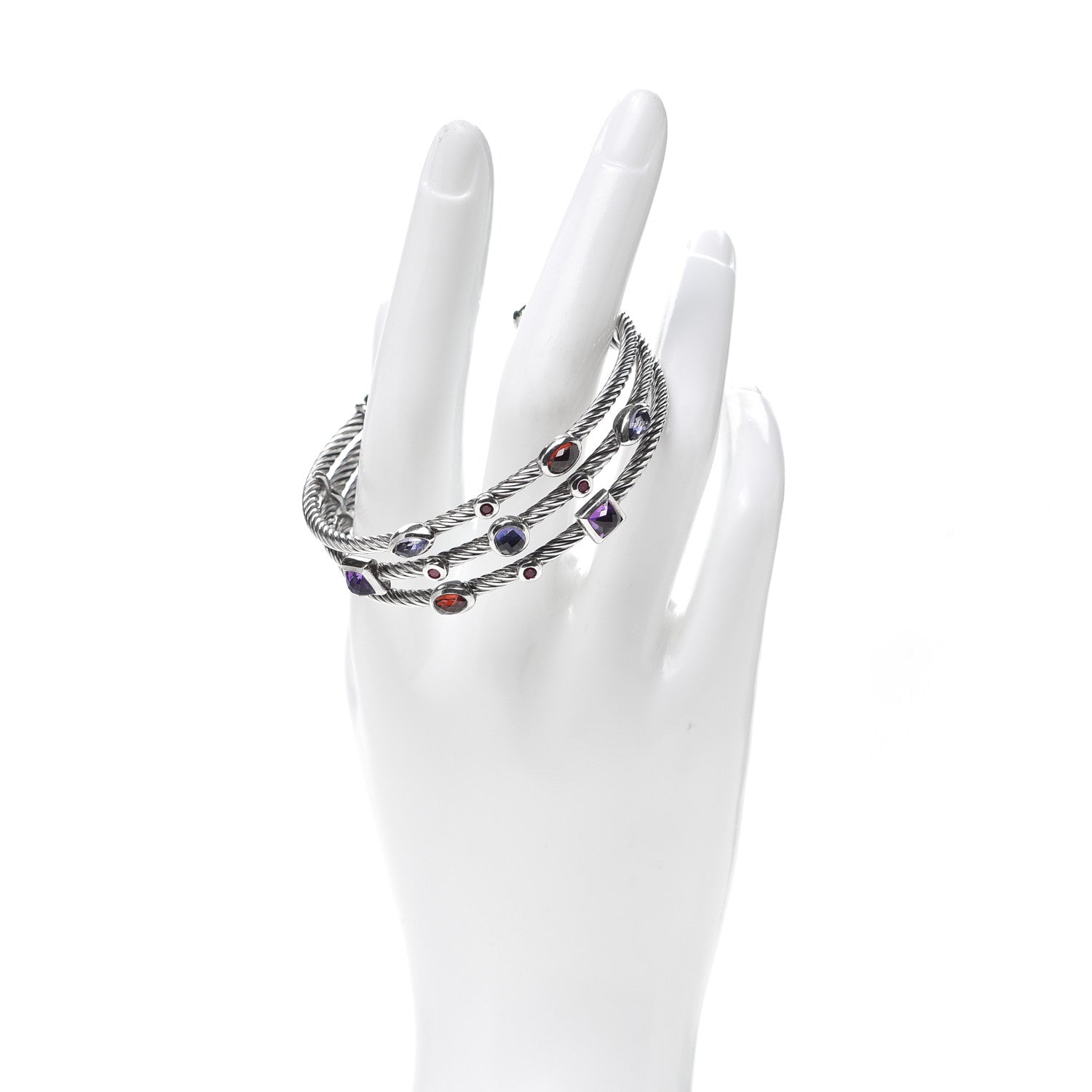 David Yurman Sterling Silver Iolite Garnet Amethyst Ruby Three Row Confetti Cuff Bracelet 2 of 4