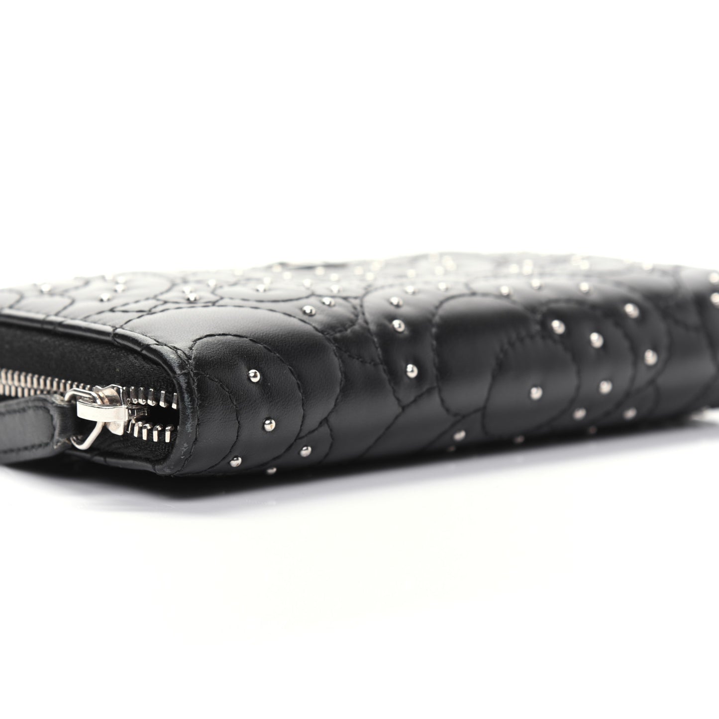 Lambskin Camellia Studded Large Gusset Zip Around Wallet Black