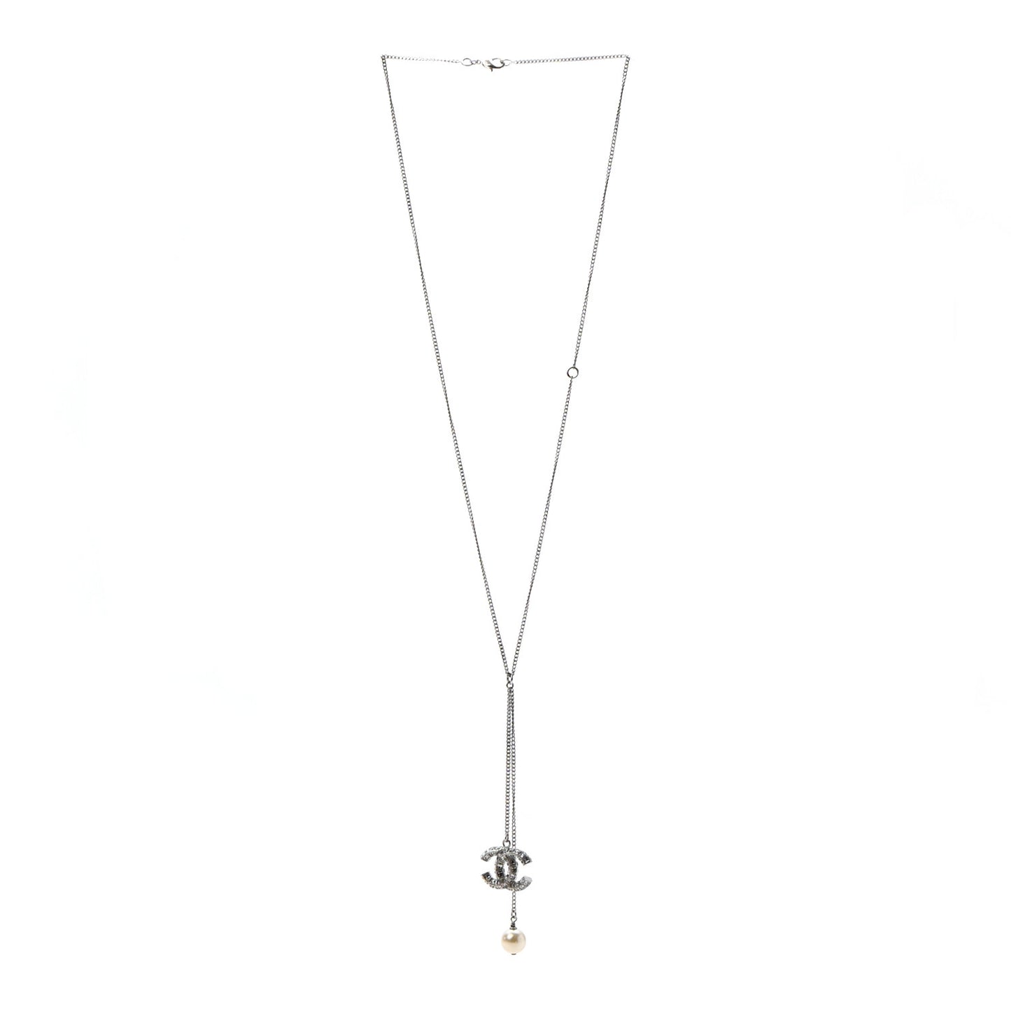 Baguette Crystal Pearl CC Lariat Necklace Silver