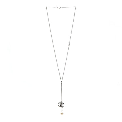 Chanel Baguette Crystal Pearl CC Lariat Necklace Silver 3 of 5