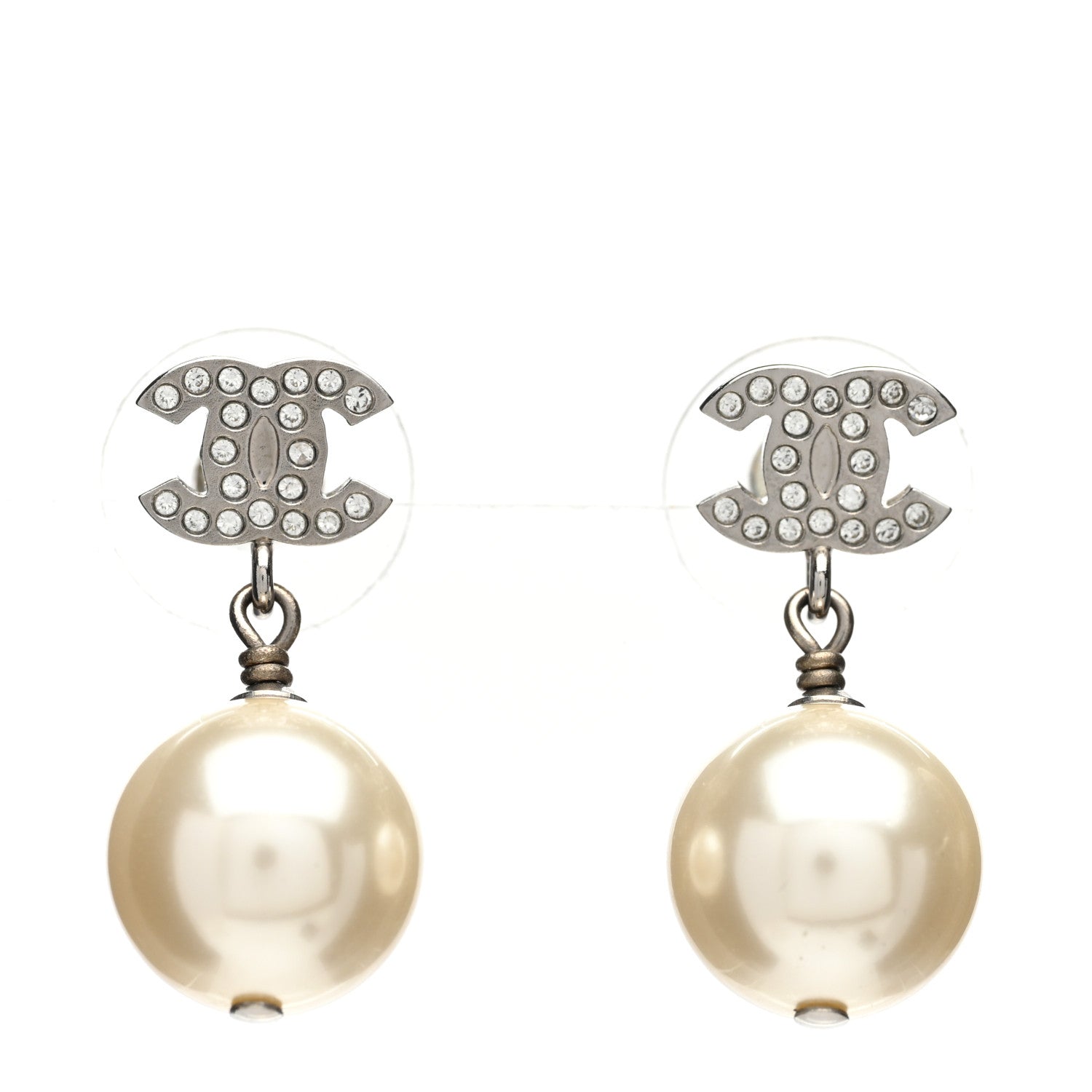 Chanel Crystal Pearl CC Drop Earrings Silver Pearly White 1 of 5