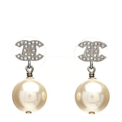 Chanel Crystal Pearl CC Drop Earrings Silver Pearly White 1 of 5