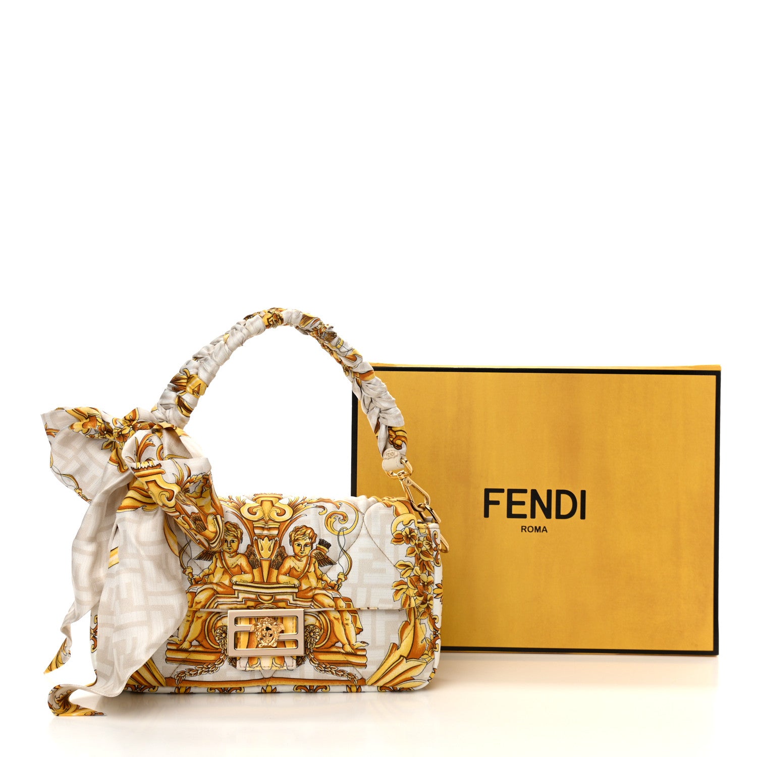 Fendi X VERSACE Silk Fendace FF Baroque Quilted Scarf Baguette White Gold 13 of 13